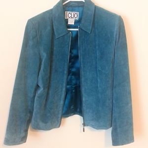 Clio 100% Suede Leather Teal Blue Womens Jacket Size 8 Zip Up Fall Winter
